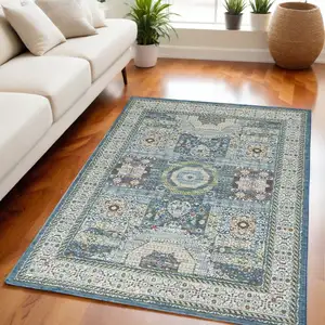 Photo of Ivory Blue and Green Oriental Distressed Non Skid Area Rug