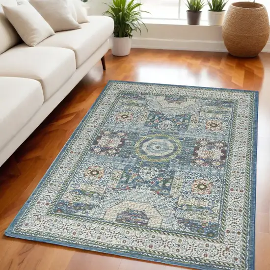 Ivory Blue and Green Oriental Distressed Non Skid Area Rug Photo 1