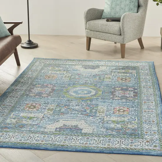 Ivory Blue and Green Oriental Distressed Non Skid Area Rug Photo 9