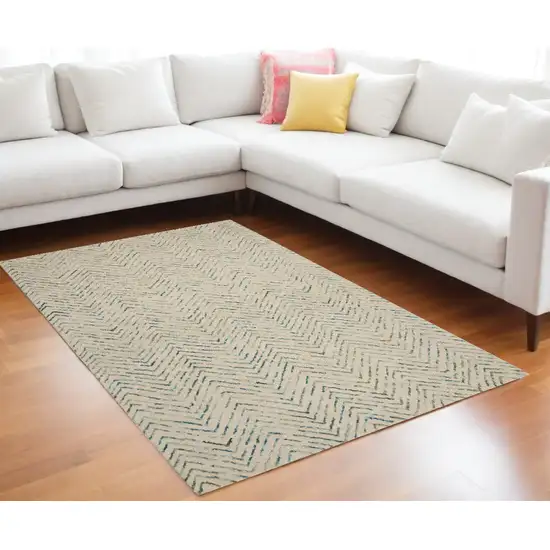 Ivory Blue and Green Wool Chevron Area Rug Photo 1