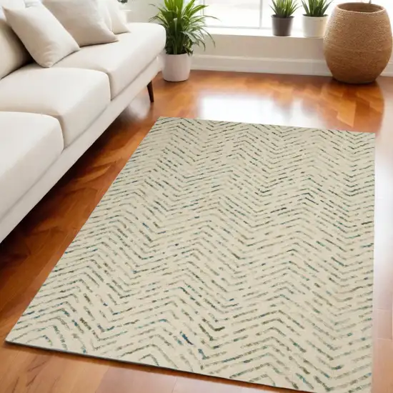 Ivory Blue and Green Wool Chevron Area Rug Photo 1