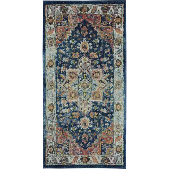 Ivory Blue and Orange Floral Distressed Non Skid Area Rug Photo 2