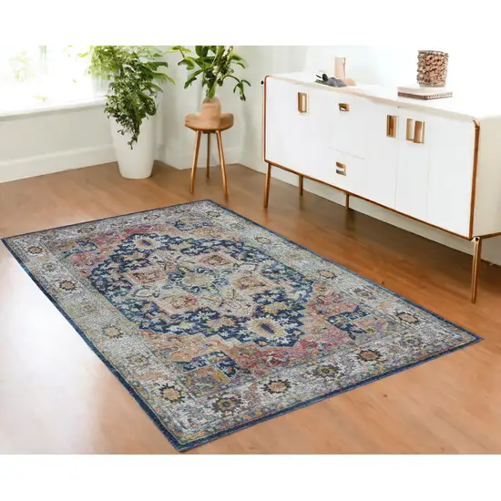 Ivory Blue and Orange Floral Medallion Distressed Non Skid Area Rug Photo 1