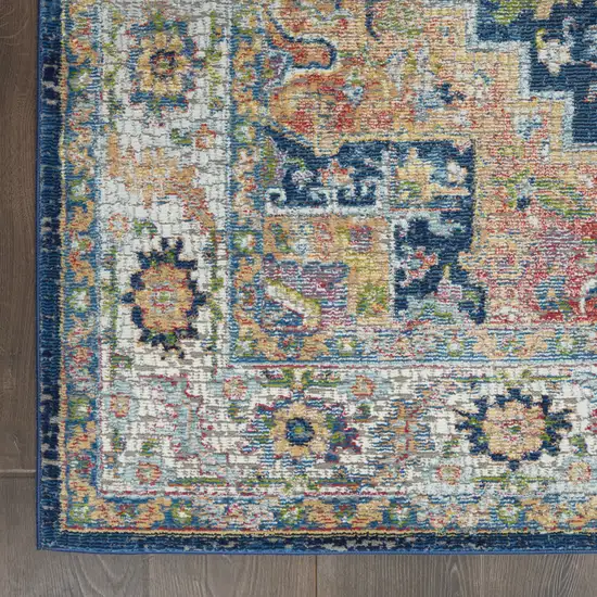 Ivory Blue and Orange Floral Medallion Distressed Non Skid Area Rug Photo 4