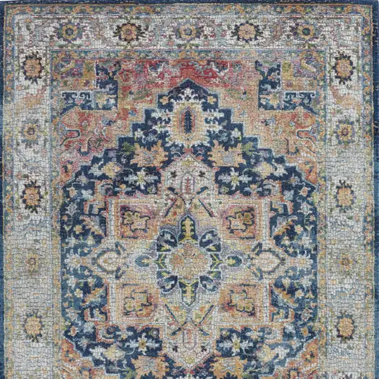 Ivory Blue and Orange Floral Medallion Distressed Non Skid Area Rug Photo 9