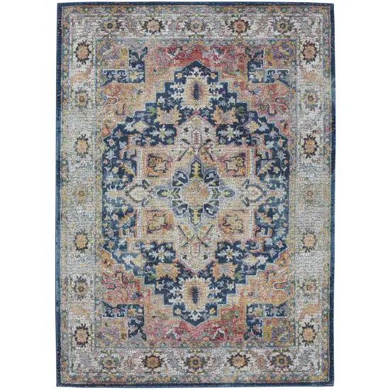 Ivory Blue and Orange Floral Medallion Distressed Non Skid Area Rug Photo 6