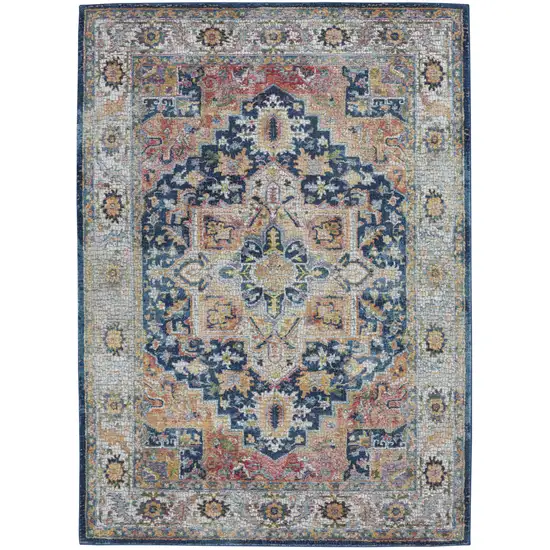 Ivory Blue and Orange Floral Medallion Distressed Non Skid Area Rug Photo 2