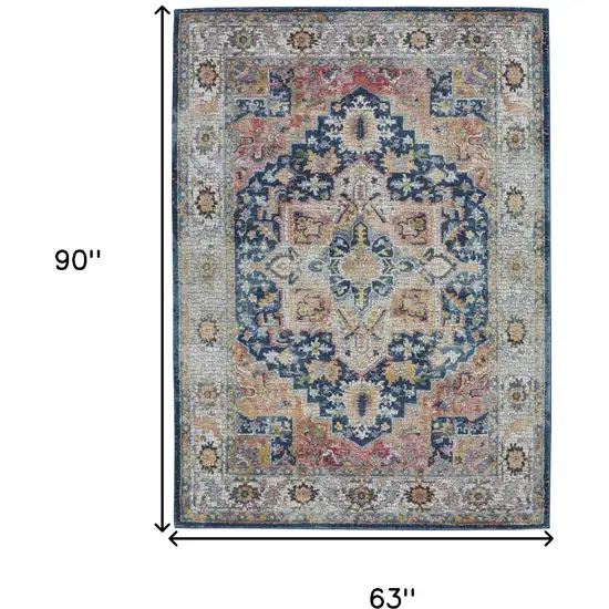 Ivory Blue and Orange Floral Medallion Distressed Non Skid Area Rug Photo 3