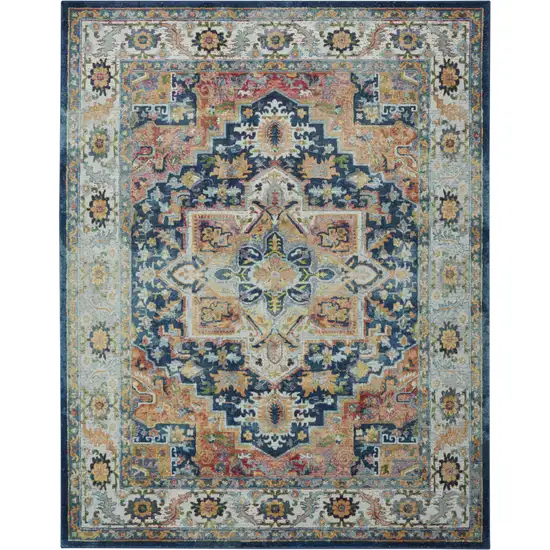 Ivory Blue and Orange Floral Medallion Distressed Non Skid Area Rug Photo 4