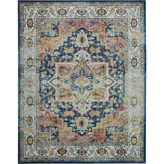 Ivory Blue and Orange Floral Medallion Distressed Non Skid Area Rug Photo 2