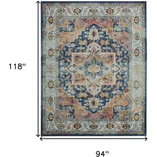 Ivory Blue and Orange Floral Medallion Distressed Non Skid Area Rug Photo 3