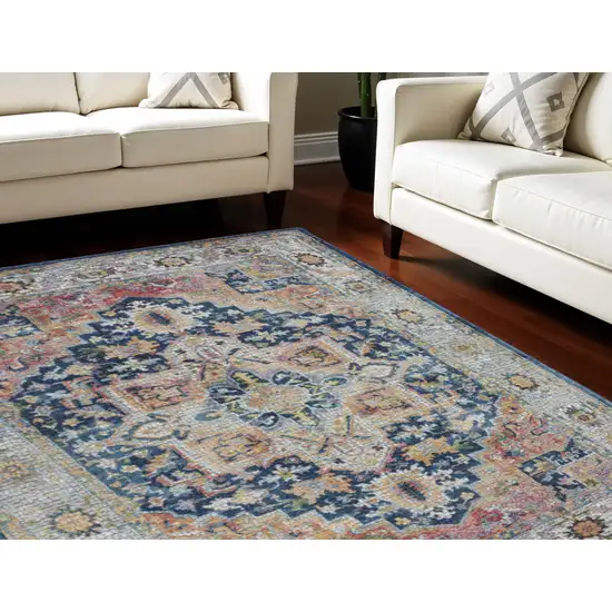 Ivory Blue and Orange Floral Medallion Distressed Non Skid Area Rug Photo 1