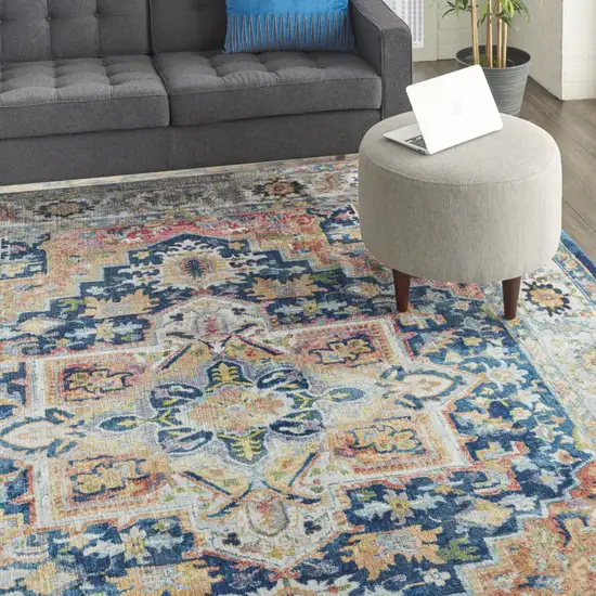 Ivory Blue and Orange Floral Medallion Distressed Non Skid Area Rug Photo 9