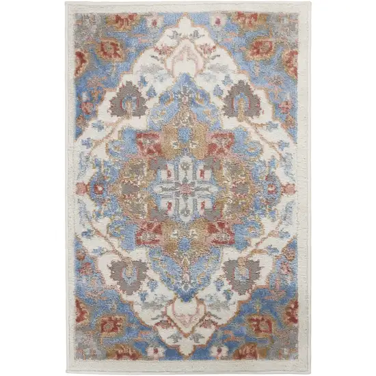 Ivory Blue and Orange Floral Non Skid Area Rug Photo 2