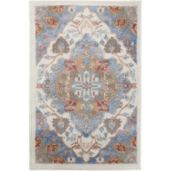 Ivory Blue and Orange Floral Non Skid Area Rug Photo 5