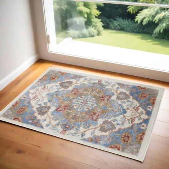 Ivory Blue and Orange Floral Non Skid Area Rug Photo 1