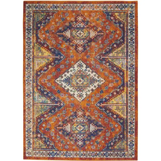 Ivory Blue and Orange Geometric Power Loom Area Rug Photo 2