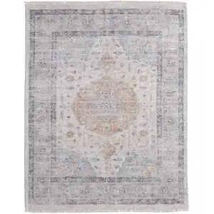 Photo of Ivory Blue and Orange Oriental Hand Woven Distressed Area Rug With Fringe