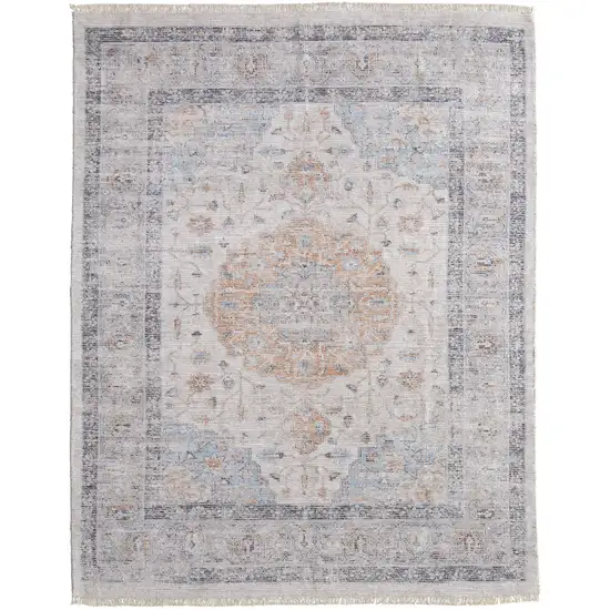 Ivory Blue and Orange Oriental Hand Woven Distressed Area Rug With Fringe Photo 2