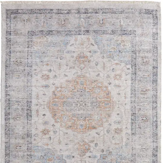 Ivory Blue and Orange Oriental Hand Woven Distressed Area Rug With Fringe Photo 5