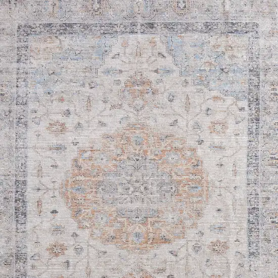 Ivory Blue and Orange Oriental Hand Woven Distressed Area Rug With Fringe Photo 5