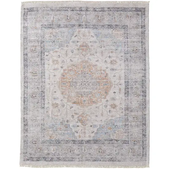 Ivory Blue and Orange Oriental Hand Woven Distressed Area Rug With Fringe Photo 6