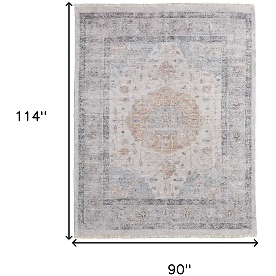 Ivory Blue and Orange Oriental Hand Woven Distressed Area Rug With Fringe Photo 3