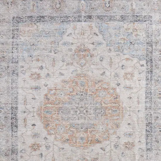 Ivory Blue and Orange Oriental Hand Woven Distressed Area Rug With Fringe Photo 9