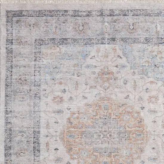 Ivory Blue and Orange Oriental Hand Woven Distressed Area Rug With Fringe Photo 9