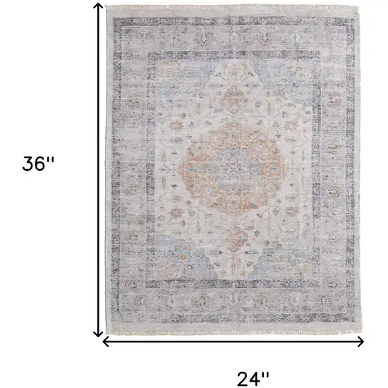 Ivory Blue and Orange Oriental Hand Woven Distressed Area Rug With Fringe Photo 3