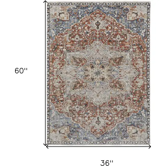 Ivory Blue and Orange Oriental Power Loom Area Rug With Fringe Photo 3