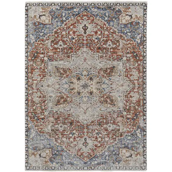 Ivory Blue and Orange Oriental Power Loom Area Rug With Fringe Photo 2