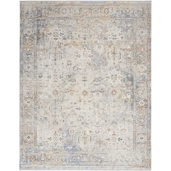 Ivory Blue and Orange Oriental Power Loom Distressed Area Rug With Fringe Photo 1