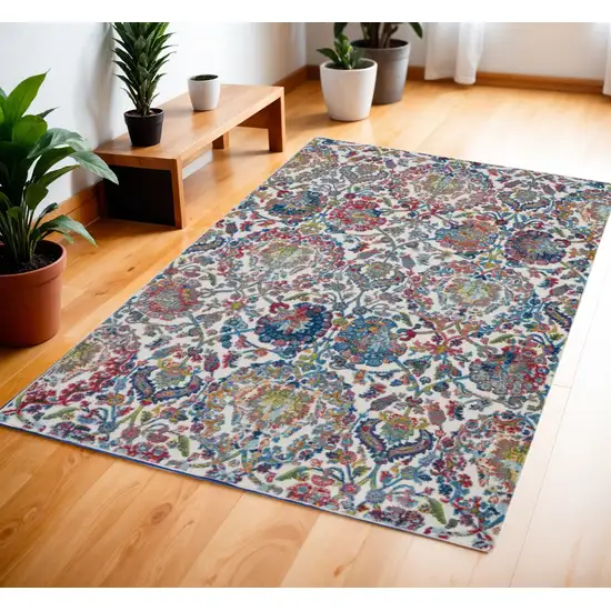 Ivory Blue and Red Floral Distressed Non Skid Area Rug Photo 1