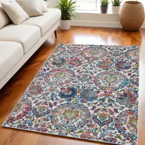 Photo of Ivory Blue and Red Floral Distressed Non Skid Area Rug