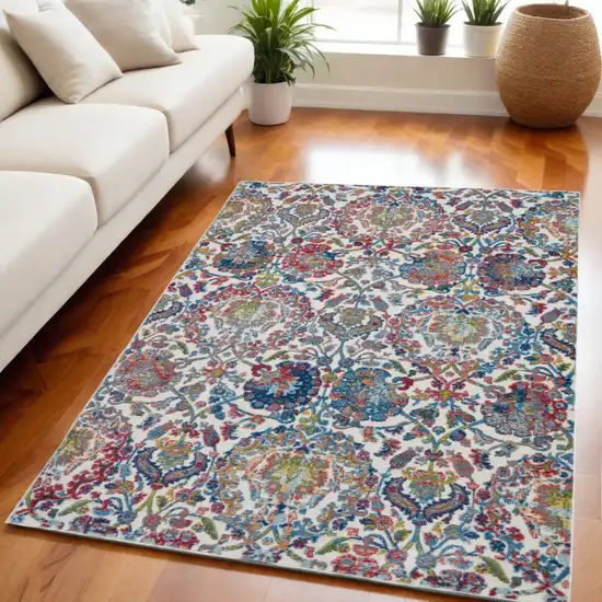 Ivory Blue and Red Floral Distressed Non Skid Area Rug Photo 1