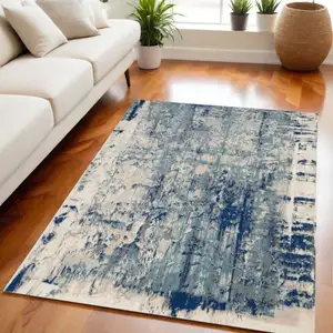 Photo of Ivory Blue and Slate Gray Abstract Non Skid Area Rug