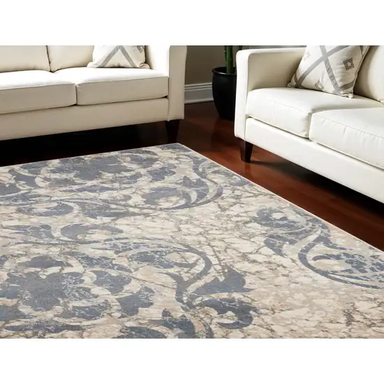 Ivory Blue and Slate Gray Floral Distressed Non Skid Area Rug Photo 1