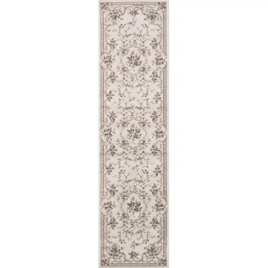 Ivory Bordered Floral Indoor Runner Rug Photo 1