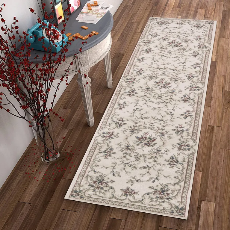 Ivory Bordered Floral Indoor Runner Rug Photo 4