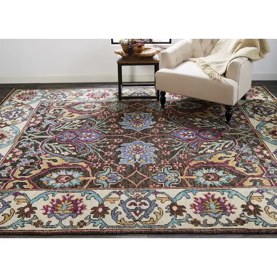 Ivory Brown And Blue Wool Floral Hand Knotted Distressed Stain Resistant Area Rug With Fringe Photo 9