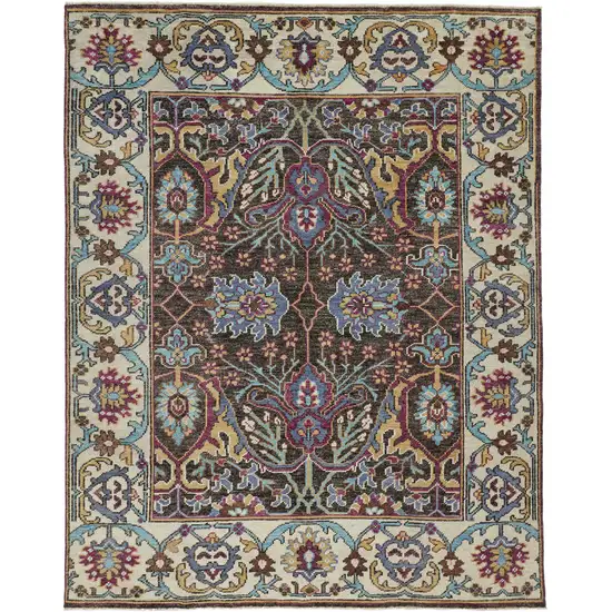 Ivory Brown And Blue Wool Floral Hand Knotted Distressed Stain Resistant Area Rug With Fringe Photo 2