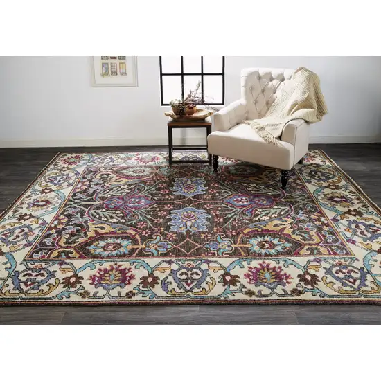 Ivory Brown And Blue Wool Floral Hand Knotted Distressed Stain Resistant Area Rug With Fringe Photo 7