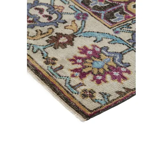 Ivory Brown And Blue Wool Floral Hand Knotted Distressed Stain Resistant Area Rug With Fringe Photo 5