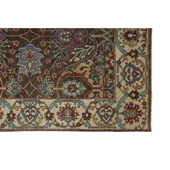 Ivory Brown And Blue Wool Floral Hand Knotted Distressed Stain Resistant Area Rug With Fringe Photo 3