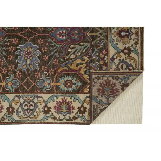 Ivory Brown And Blue Wool Floral Hand Knotted Distressed Stain Resistant Area Rug With Fringe Photo 1