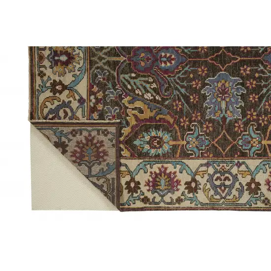 Ivory Brown And Blue Wool Floral Hand Knotted Distressed Stain Resistant Area Rug With Fringe Photo 5