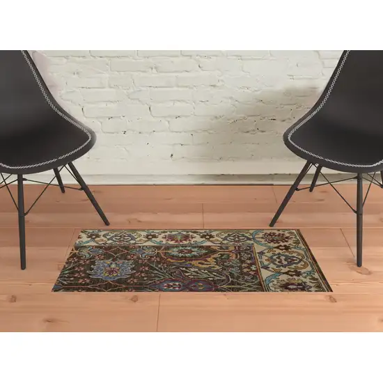 Ivory Brown And Blue Wool Floral Hand Knotted Distressed Stain Resistant Area Rug With Fringe Photo 2