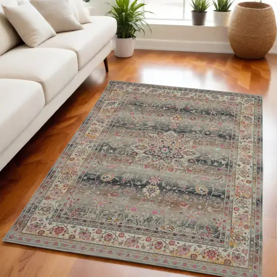 Ivory Brown And Gray Floral Distressed Area Rug Photo 1