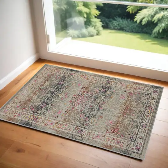 Ivory Brown And Gray Floral Distressed Area Rug Photo 1